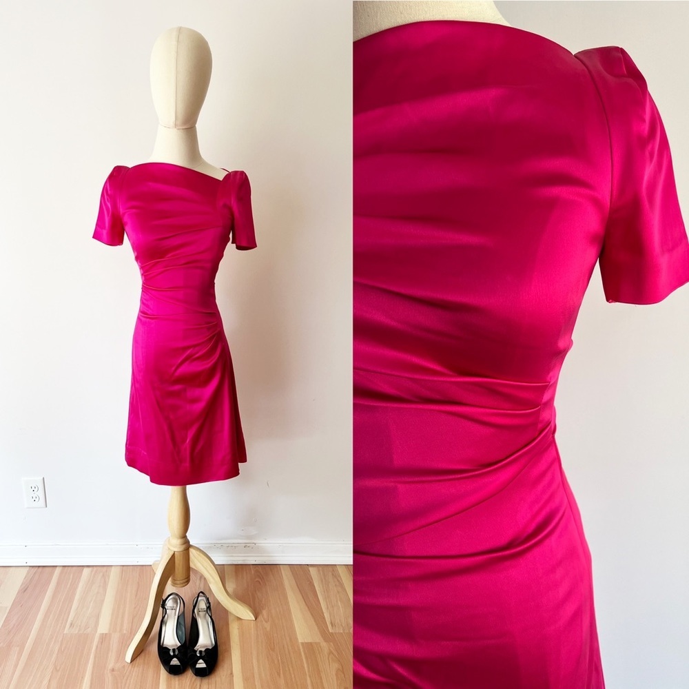 Talbot Runhof‎ Pret Dress Fuchsia Pink Ruched Asymmetrical Satin Sheath Noomi